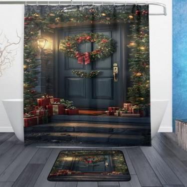 Imagem de xigua Conjunto de tapetes de cortina de banheiro para porta de Natal verde-oliva com 2 peças, conjunto temático de banheiro (152 x 182 cm) com cortina de chuveiro e tapete antiderrapante -12