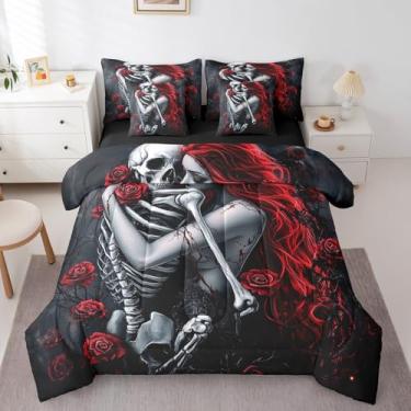 Imagem de Erosebridal Conjunto de edredom gótico de 7 peças, conjunto de cama casal, rosa vermelha, para amantes, caveira de açúcar, esqueleto gótico, decoração de Halloween