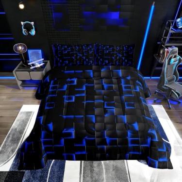 Imagem de Erosebridal Jogo de cama solteiro com estampa geométrica, xadrez, geométrico, neon, preto, azul, decoração de quarto de jogos, geométrico, xadrez, geométrico, edredom