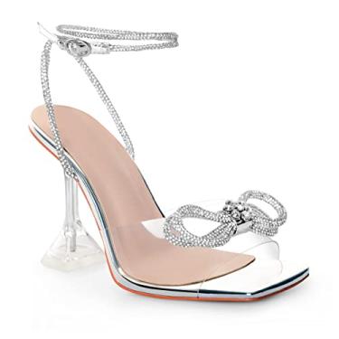 Imagem de ANN CREEK Sandálias femininas de salto duplo com laço e salto de cristal transparentes, bico quadrado, para festas, casamentos, encontros, Prata, 38
