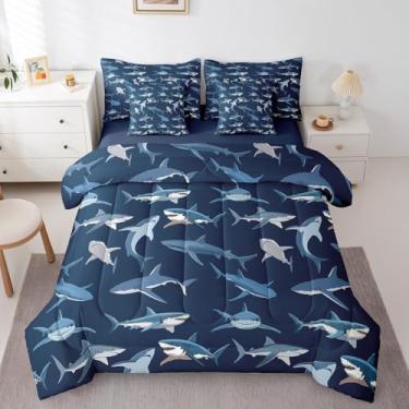 Imagem de Erosebridal Conjunto de edredom infantil de tubarão com 7 peças, animais do oceano, para meninos e adolescentes, vida marinha, mundo subaquático, litoral, azul escuro