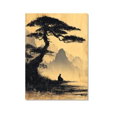 Imagem de Pôster de arte de parede de Buda Zen sombrio Bodhi Pintura Árvore Solidão Meditação Impressão em Tela Estilo Chinês Vintage Arte de Parede Espiritual Decoração de Escritório em Casa (SKU2,12 x 16