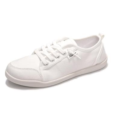 Imagem de Tênis feminino sem cadarço, de lona, com suporte de arco, casual moderno para caminhada confortável, Branco, 37