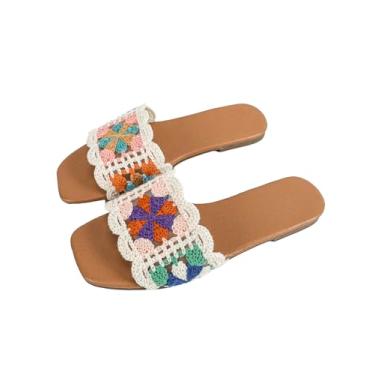Imagem de GORGLITTER Sandálias rasteiras femininas de crochê elegantes Boho Square Open Toe Slip On Slide Summer Vacation Beach Shoes, Multicor, 37