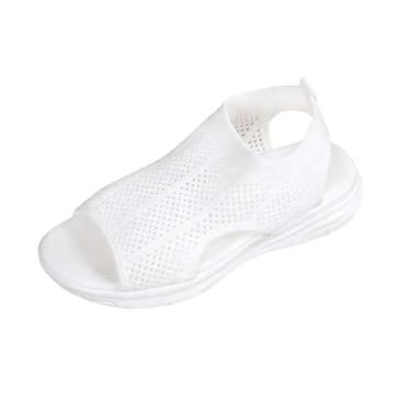 Imagem de Sandálias femininas de malha de malha com sola macia e salto baixo para conforto no verão, Branco, 34