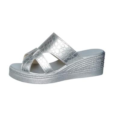 Imagem de Sandálias femininas estampadas com salto plataforma em vários tons, leves e confortáveis para uso casual primavera verão, Prata, 35