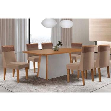 Imagem de Mesa Cozinha Tilia c/ Tampo Madeirado Canto Curvo 180x90cm e 6 Cadeiras Jaspe Madeira Maciça Naturale/Off White - Capuccino/Suede Capuccino-Rufato