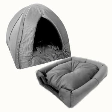 Imagem de Cama Pet Iglu 2 em 1 Grande 45x45cm para Cachorro e Gato | Toca ou Caminha Dobrável, Lavável, Impermeável, Conforto Térmico(Cinza)