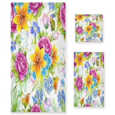 Imagem de xigua Conjunto de toalhas de banheiro de flores coloridas absorvente macio toalha de banho de 3 peças toalha de mão toalhas decorativas para banheiro, academia, hotel, praia, piscina