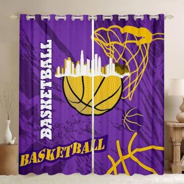 Imagem de jejeloiu Cortina de basquete (2 painéis, 42 x 63 polegadas) Cortina de janela infantil Los Angeles para meninos meninas adolescentes basquete cidade 30%-50% blackout tons roxo amarelo jogos decoração