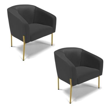 Imagem de Poltrona Pé De Ferro Dourado Kit 2 Stella Corino Preto D03 - D'rossi
