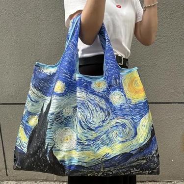 Imagem de Sacola reutilizável de grande capacidade, design chique de pintura a óleo, dobrável, bolsa de compras de nylon lavável para mulheres, bolsa de ginástica com alça de pulso, perfeita para supermercado
