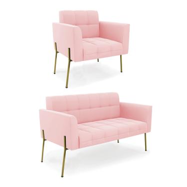 Imagem de Sofá Namoradeira e Poltrona Pé de Ferro Dourado Elisa Suede Rosa Bebê D03 - D'Rossi
