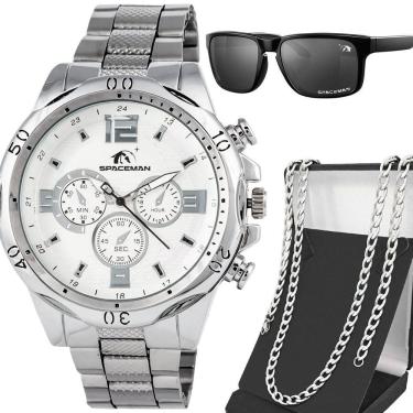Imagem de Relógio Masculino Prata Aço Inoxidável + Cordão + Óculos Sol