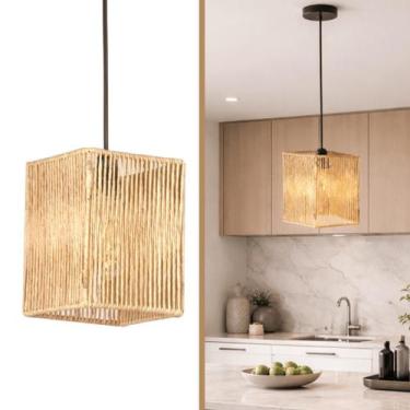 Imagem de Lustre Pendente Artesanal em Fibra Natural Quadrado 15x20 cm - FibraDe