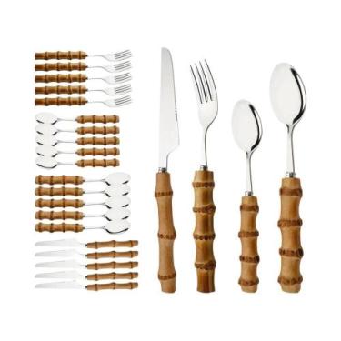 Imagem de Conjunto De Talheres De Aço Inoxidável Com Cabo De Bambu, 24 Peças, Ut