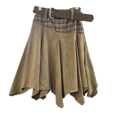 Imagem de Saia feminina vintage xadrez, patchwork, linha A, cintura alta - Taiyu