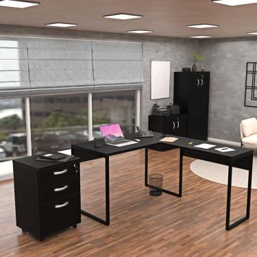 Imagem de Conjunto 4 Peças para Escritório com Escrivaninha em L, Armário Alto e Baixo e Gaveteiro Industrial