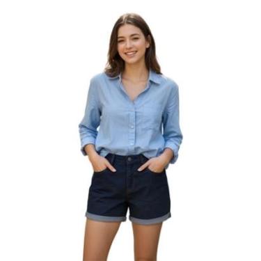 Imagem de Shorts Jeans Feminino Cintura Alta Com Barra Virada-Feminino
