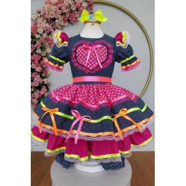 Imagem de Vestido Festa Junina Infantil Azul Marinho Rosa Coração Junino Caipira