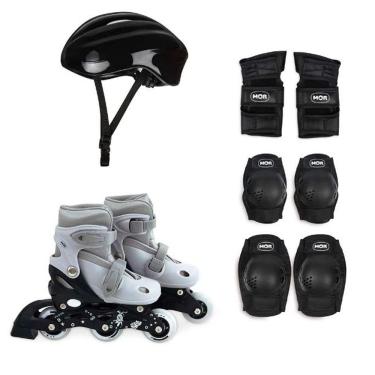 Imagem de Kit Roller 40600102 com Freio e Ajuste de Tamanho 30 ao 33 Cinza Mor com Joelheiras e Capacete