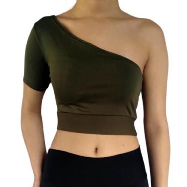 Imagem de Cropped Feminino Um Ombro Só Manga Curta Barra Liso Academia Fitness S