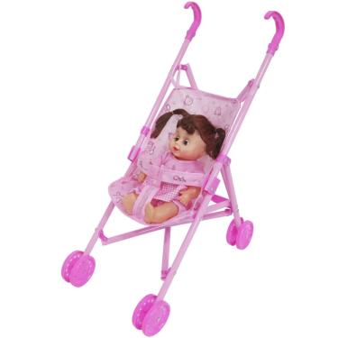 Imagem de Carrinho de Boneca com Boneca Bebê Infantil Dobrável Menina Plástico Rosa Importway Bw149