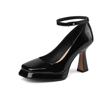 Imagem de TinaCus Sapato feminino de bico quadrado brilhante de couro envernizado feito à mão plataforma elegante salto alto grosso com cinto destacável no tornozelo, Preto, 7