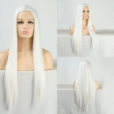 Imagem de Perucas femininas sintéticas afro crespo cor laranja ondulado natural peruca longa para mulheres negras e brancas cabelo de fibra de alta temperatura Perucas de cabelo humano (cor: branco, comprimento esticado: 55,88 cm)