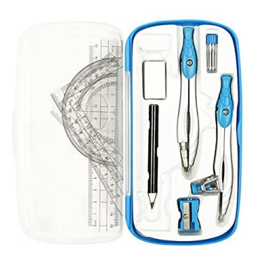 Imagem de Lifreer Bússola matemática para conjunto geométrico, 10 peças de caixa geométrica para estudantes, inclui caixa de armazenamento, réguas, transferidores, bússola, borracha, apontador, recargas de grafite, lápis para esboços e desenhos (azul)