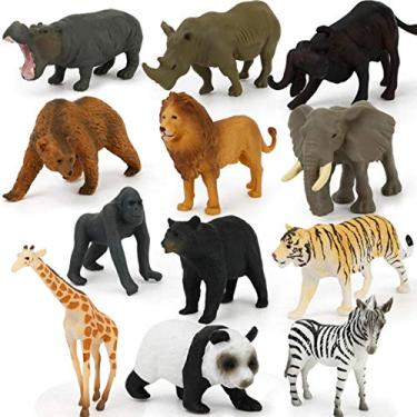 Imagem de 12 peças figuras animais safari, animais selvagens realistas urso panda tigre objetos em miniatura paisagem musgo jardim fadas, acessórios artesanato terrário DIY decoração casa, brinquedos educativos precoces