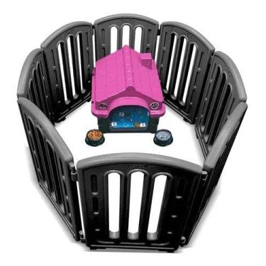 Imagem de Kit Casa Colchão Cercadinho Comedouros Cachorro Gato N2 Mec Cor:preto e Rosa