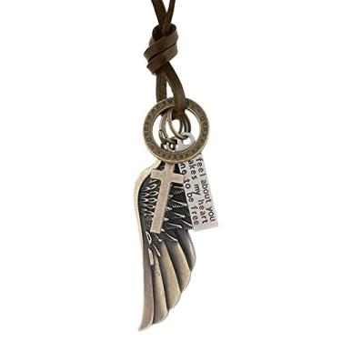 Imagem de LHDUF Conjunto de etiquetas de cachorro com asas de anjo cruz punk personalidade boate estilo moderno adolescente colar de corda de couro, Metal, Sem Pedra Preciosa