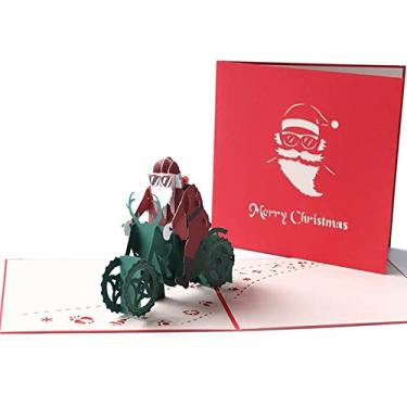Imagem de Yajun Cartões de Natal 3D Pop Up Cartão de felicitações dimensional de Natal feito à mão Papai Noel Motocicleta Carving Papel Carving Card