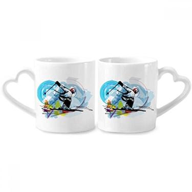 Imagem de Conjunto de canecas de porcelana para casais de atletas de esportes de inverno com ilustração de esqui estilo livre e coração