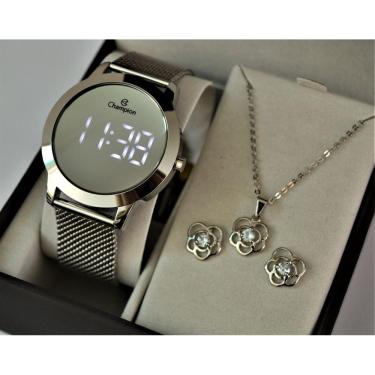 Imagem de Relogio Champion Prateado Espelhado Redondo Digital Ch40106s + Kit Semi Joia