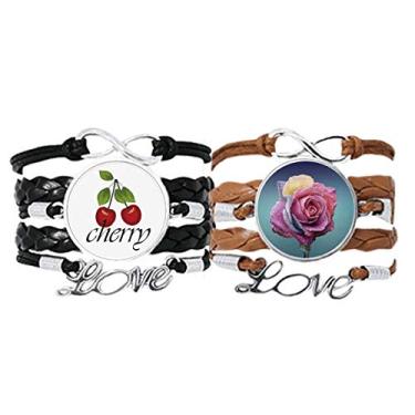 Imagem de Conjunto duplo de pulseira rosa escuro com flores escuras, pulseira de couro, corda cereja amor