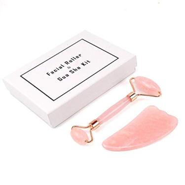 Imagem de Gua Sha Conjunto de ferramentas de rolo facial, quartzo rosa, jade, massagem facial, placa de pedras preciosas naturais, rosto, pescoço, cuidados com a pele, raspagem, tratamento antienvelhecimento, terapia de spa, ferramenta de beleza natural com caixa de presente (rosa)