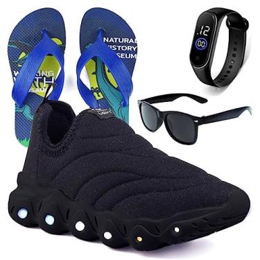 Imagem de Tenis Infantil De Led Calce Facil Elastico Meninos Masculino + Chinelo Oculos Relogio Cor:Preto;Tamanho:23