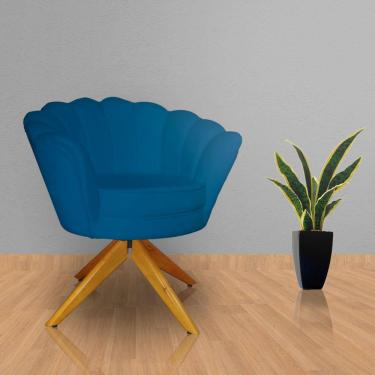Imagem de Poltrona Estofada Sala de Estar Base Giratória de Madeira Pétala Suede Azul Royal - LM DECOR