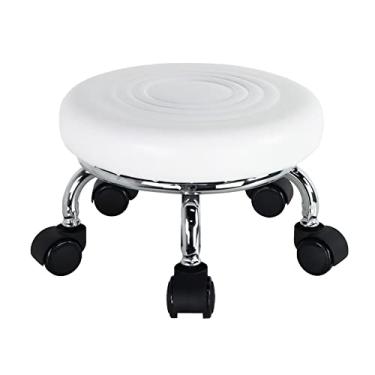 Imagem de WKWKER Banco de rolo moderno de couro PU baixo redondo com rodinhas giratórias de 360° com rodas universais para escritório em casa, garagem, loja, fitness, esporte H: 21,3 cm (branco)