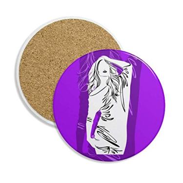 Imagem de Porta-copos de cerâmica feminino com cabelo comprido roxo e pedra absorvente para bebidas presente 2 peças