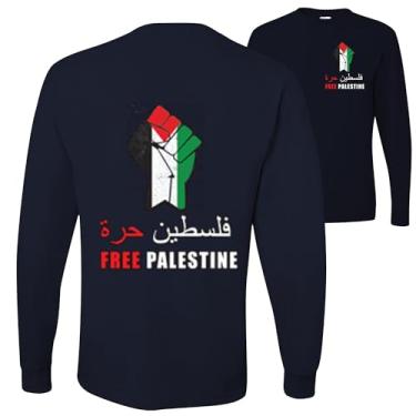 Imagem de wild custom apparel Free Palestine Fist Flag Frente e Costas Manga Comprida Masculina, Preto, XXG