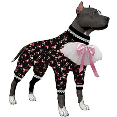 Imagem de LovinPet Pijama de cachorro grande, proteção UV, pijama de cachorro calmante para ansiedade sob casacos de cachorro como parte inferior, macacão grande para cães com 4 pernas, elástico floral preto,