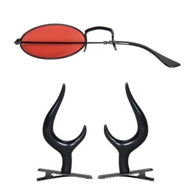 Imagem de Conjunto de acessórios de cabeça Miss U Hair chifres pretos e monóculo vermelho para cosplay