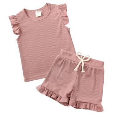 Imagem de SEAUR Conjunto de camiseta e calça de manga curta para meninas com nervuras, camiseta e calça de perna larga, conjunto de 2 peças, C - rosa empoeirado, 5-6 Anos