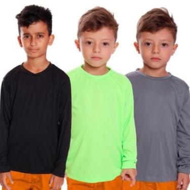 Imagem de Kit 3 Camiseta Infantil Menino Proteção UV Térmica Solar Manga Longa Camisa Esporte Camisetas-Masculino