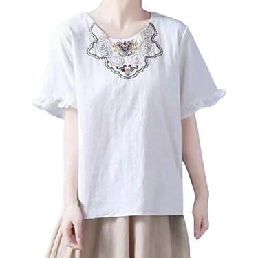 Imagem de Blusa feminina de linho com bordado floral elegante gola redonda manga curta túnica casual para treino de verão, Branco, 4G