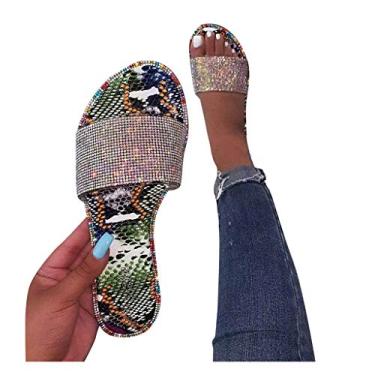 Imagem de Sandálias femininas casuais de verão confortáveis sandálias de couro peep toe sandálias de praia brilhantes com tiras de strass, Z5 - multicolorido, 7.5
