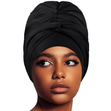 Imagem de Touca de natação turbante impermeável forrada de silicone para tranças e dreadlocks, toucas de natação de cabelo longo para mulheres jovens - Toucas de natação grandes, grandes, pretas